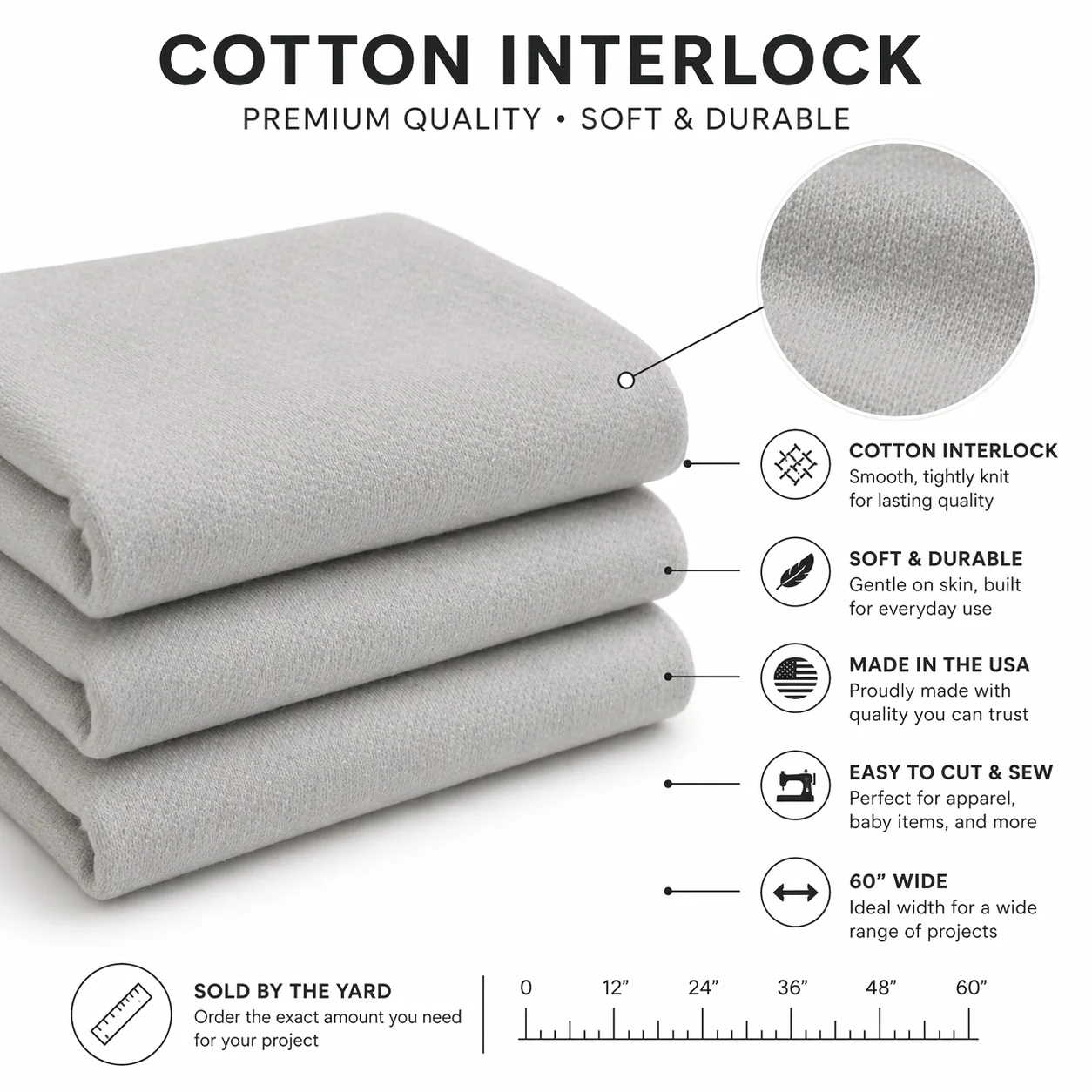 Cotton Interlock Fabric by the Yard – White PFD, 60" Wide, 11.5 oz - Image 2